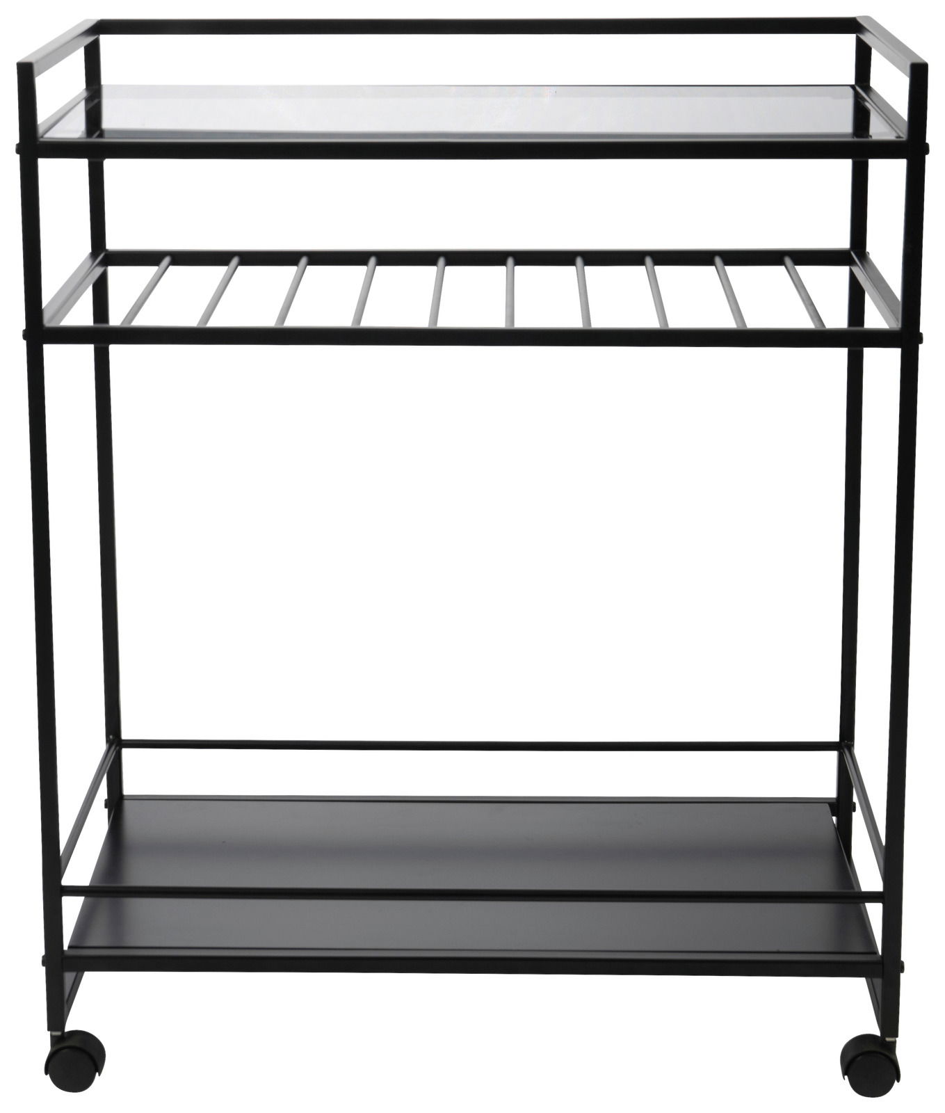 Moderner schwarzer Servierwagen mit zwei Ablagen und Rollen, Frontalansicht