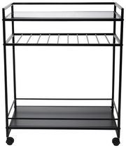 Moderner schwarzer Servierwagen mit zwei Ablagen und Rollen, Frontalansicht