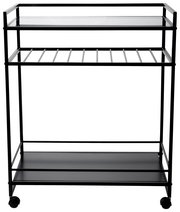 Moderner schwarzer Servierwagen mit zwei Ablagen und Rollen, Frontalansicht