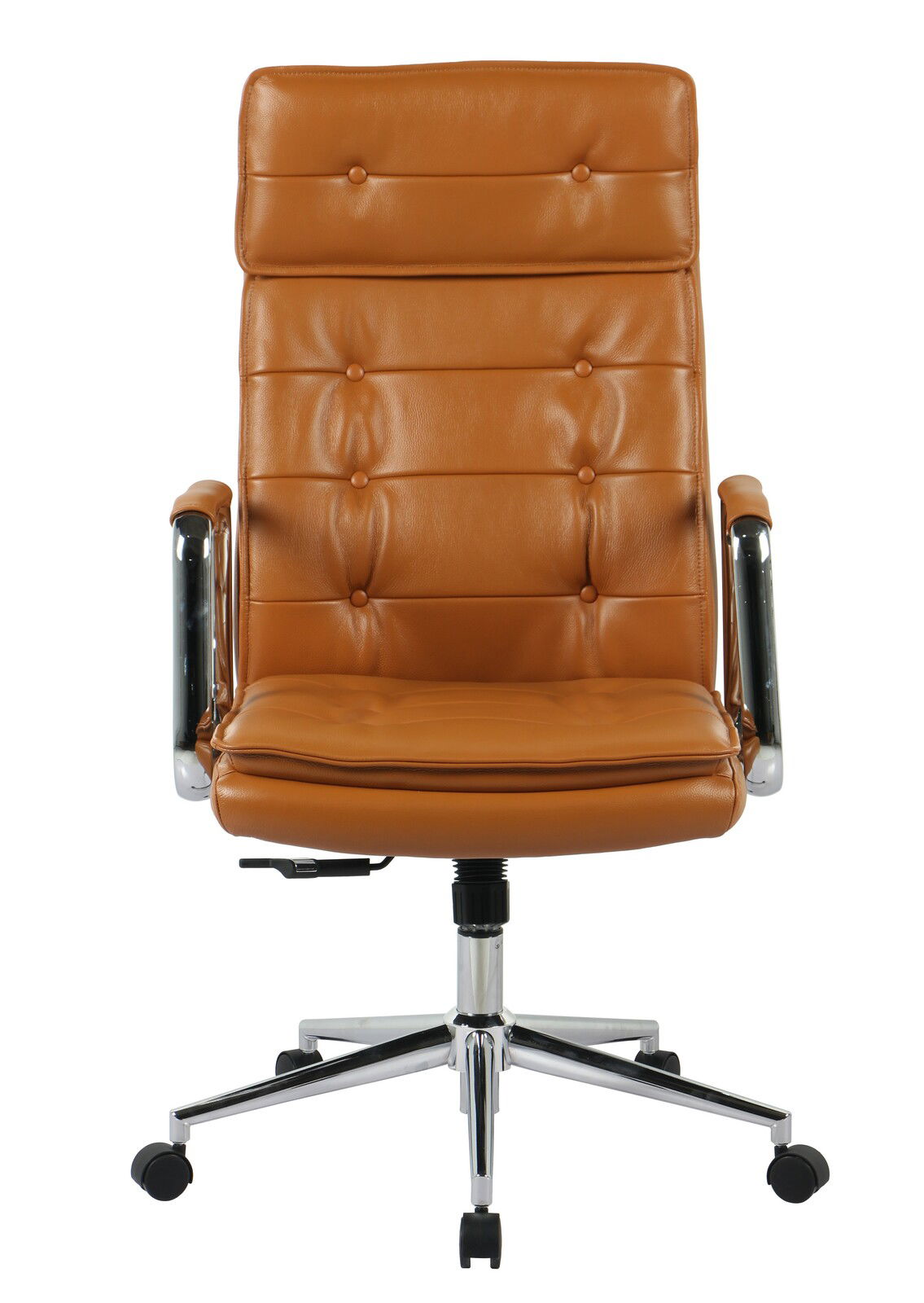 Brauner Chefsessel aus Leder mit verchromten Armlehnen und Rollen, Frontalansicht