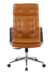 Brauner Chefsessel aus Leder mit verchromten Armlehnen und Rollen, Frontalansicht