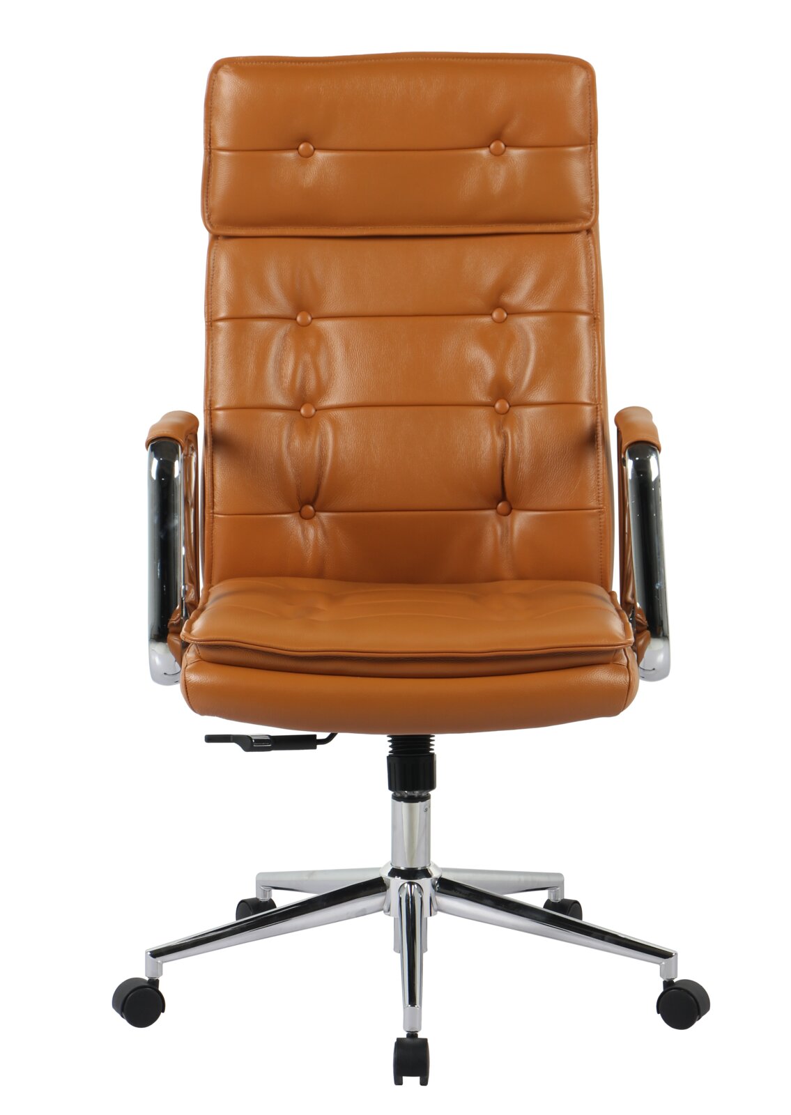Brauner Chefsessel aus Leder mit verchromten Armlehnen und Rollen, Frontalansicht