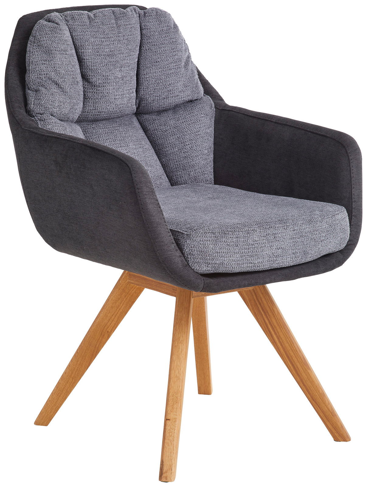 Moderner Sessel mit grauem Stoffbezug und Holzbeinen, seitliche Perspektive
