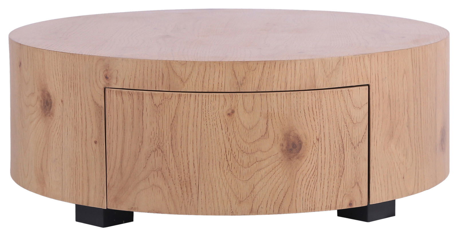 Runder Couchtisch aus hellem Holz mit sichtbarer Holzmaserung, Frontansicht