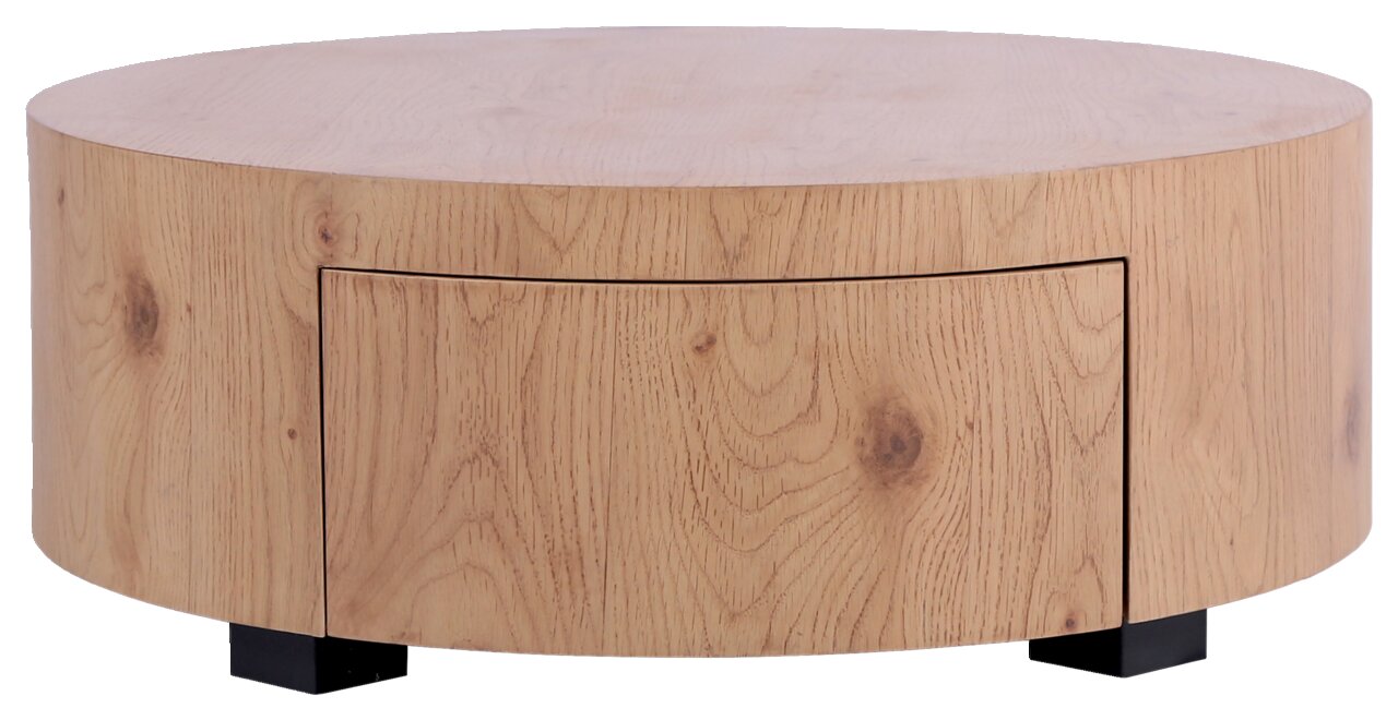 Runder Couchtisch aus hellem Holz mit sichtbarer Holzmaserung, Frontansicht