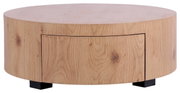 Runder Couchtisch aus hellem Holz mit sichtbarer Holzmaserung, Frontansicht