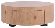 Runder Couchtisch aus hellem Holz mit sichtbarer Holzmaserung, Frontansicht