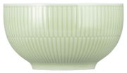 Seitliche Ansicht einer Müsli-Schale in Seladon-Grün mit geriffeltem Muster, 15 cm Durchmesser.