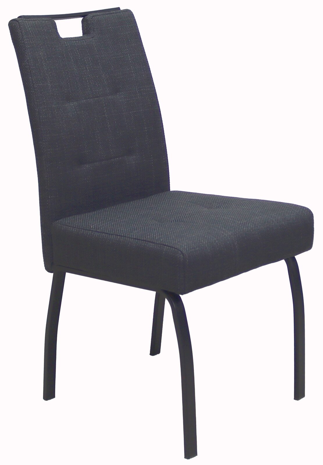 Moderner schwarzer Stuhl mit gepolsterter Sitzfläche und Rückenlehne, seitliche Perspektive