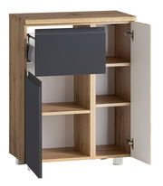Unterschrank 65 cm mit Holzoptik und grauen Fronten, geöffnete Türen und Schublade, Frontansicht