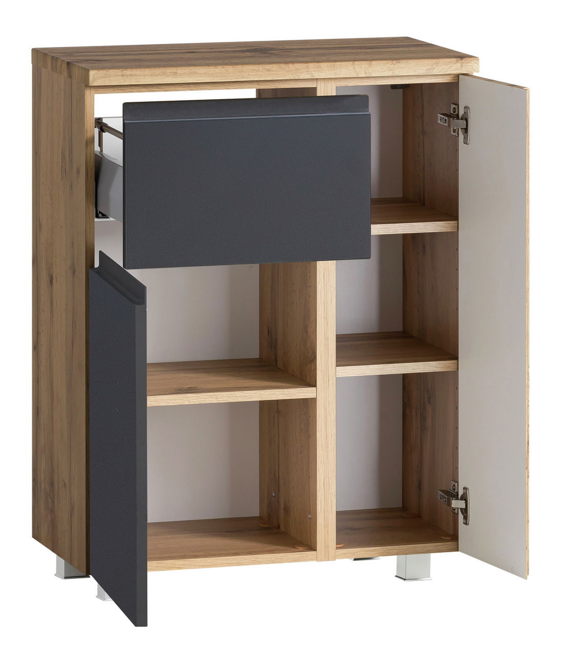 Unterschrank 65 cm mit Holzoptik und grauen Fronten, geöffnete Türen und Schublade, Frontansicht