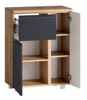 Unterschrank 65 cm mit Holzoptik und grauen Fronten, geöffnete Türen und Schublade, Frontansicht