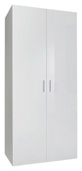 Weißer Mehrzweckschrank mit zwei Türen und silbernen Griffen, Frontalansicht