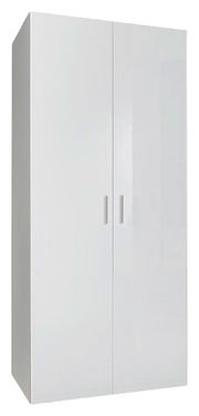 Weißer Mehrzweckschrank mit zwei Türen und silbernen Griffen, Frontalansicht