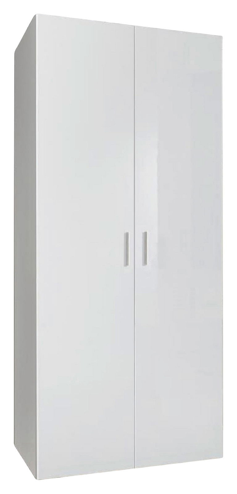 Weißer Mehrzweckschrank mit zwei Türen und silbernen Griffen, Frontalansicht