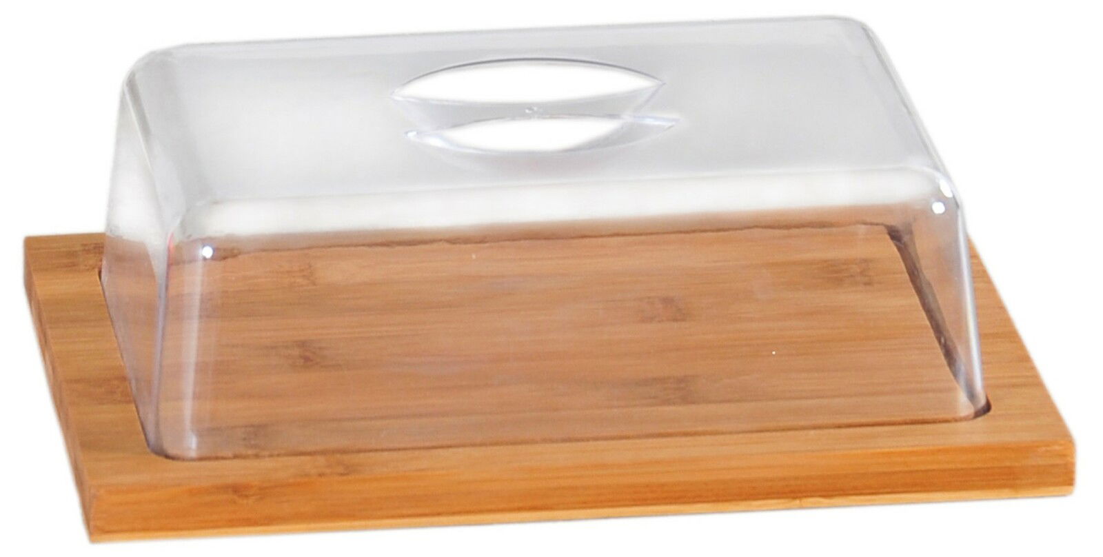 Käseglocke aus Bambus mit transparenter Abdeckung, seitliche Perspektive