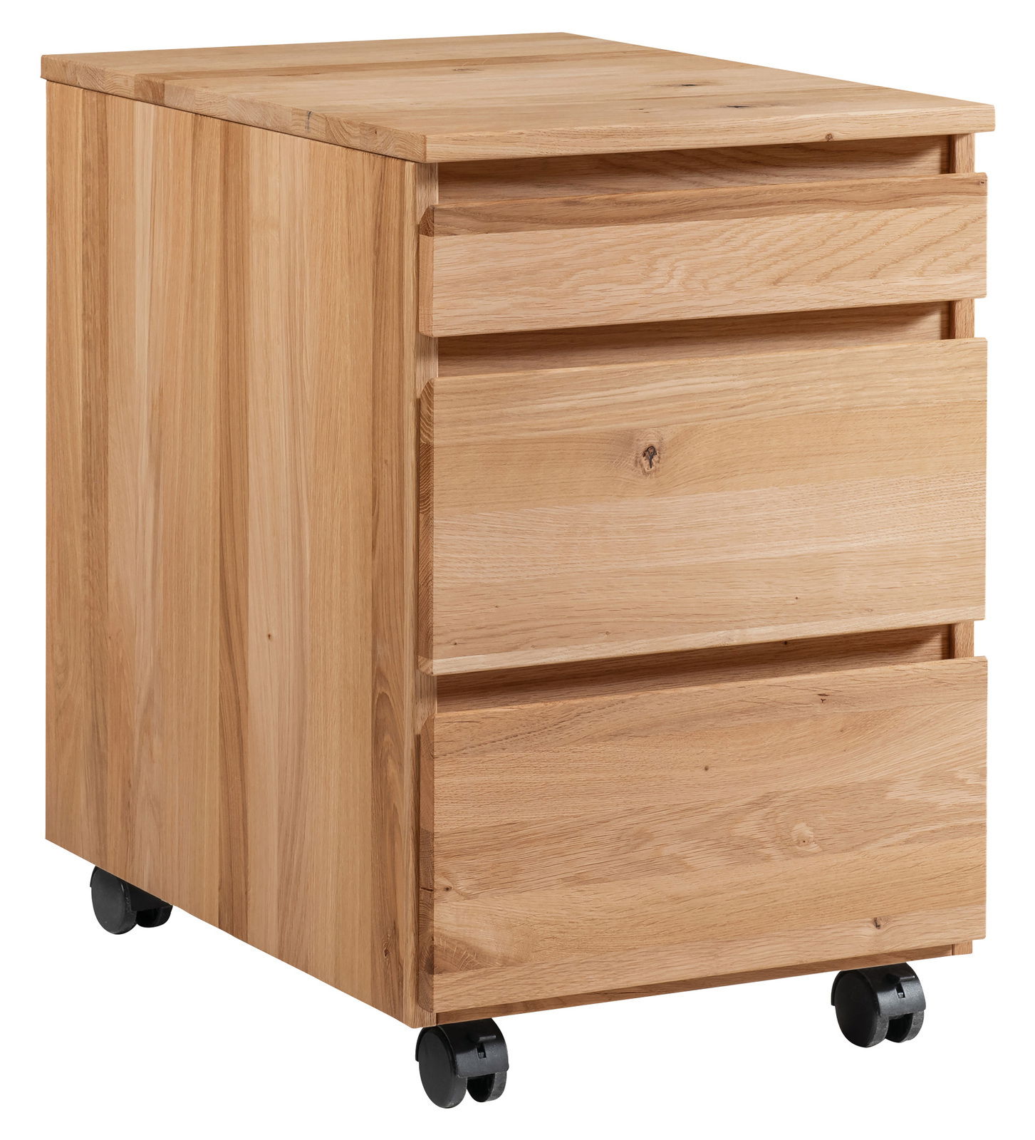Rollcontainer aus Holz mit drei Schubladen und Rollen, seitliche Perspektive