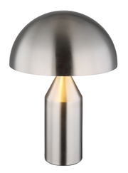 Moderne Tischleuchte ATOMA aus gebürstetem Metall in Pilzform, frontal abgebildet.