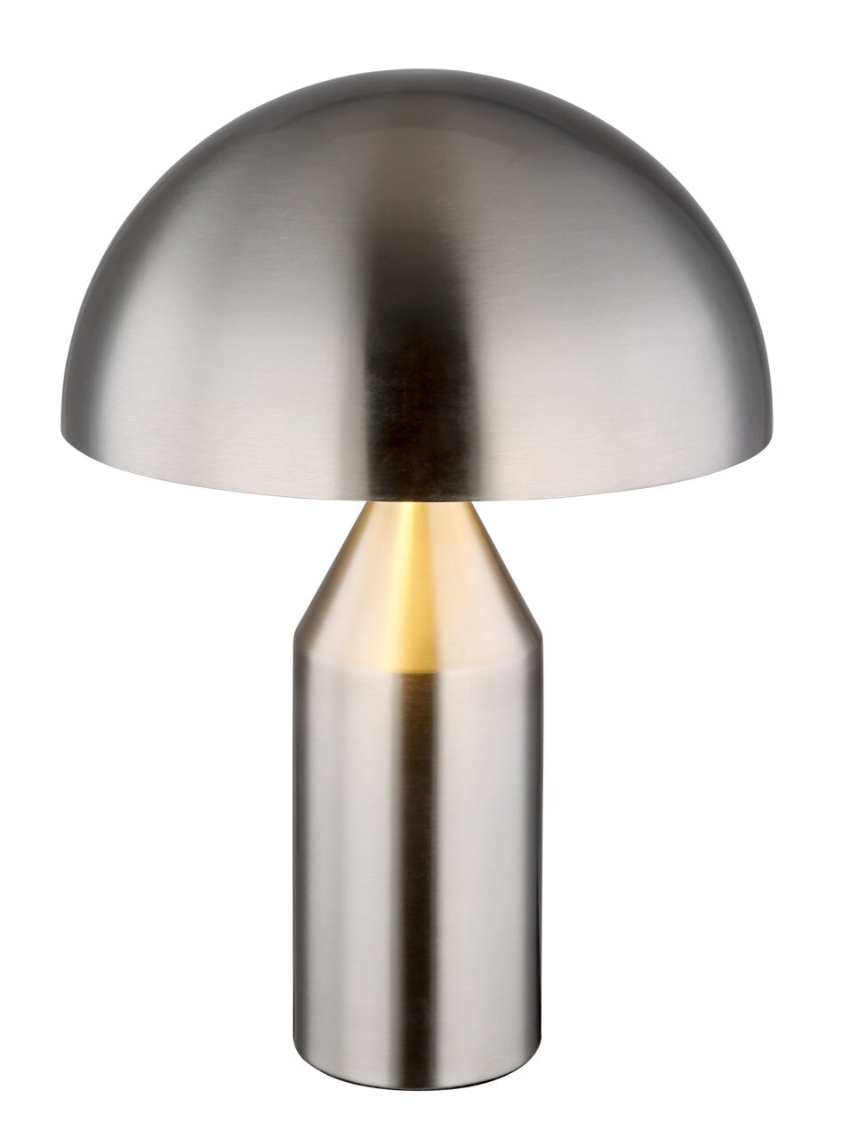 Moderne Tischleuchte ATOMA aus gebürstetem Metall in Pilzform, frontal abgebildet.