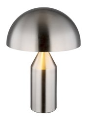 Moderne Tischleuchte ATOMA aus gebürstetem Metall in Pilzform, frontal abgebildet.