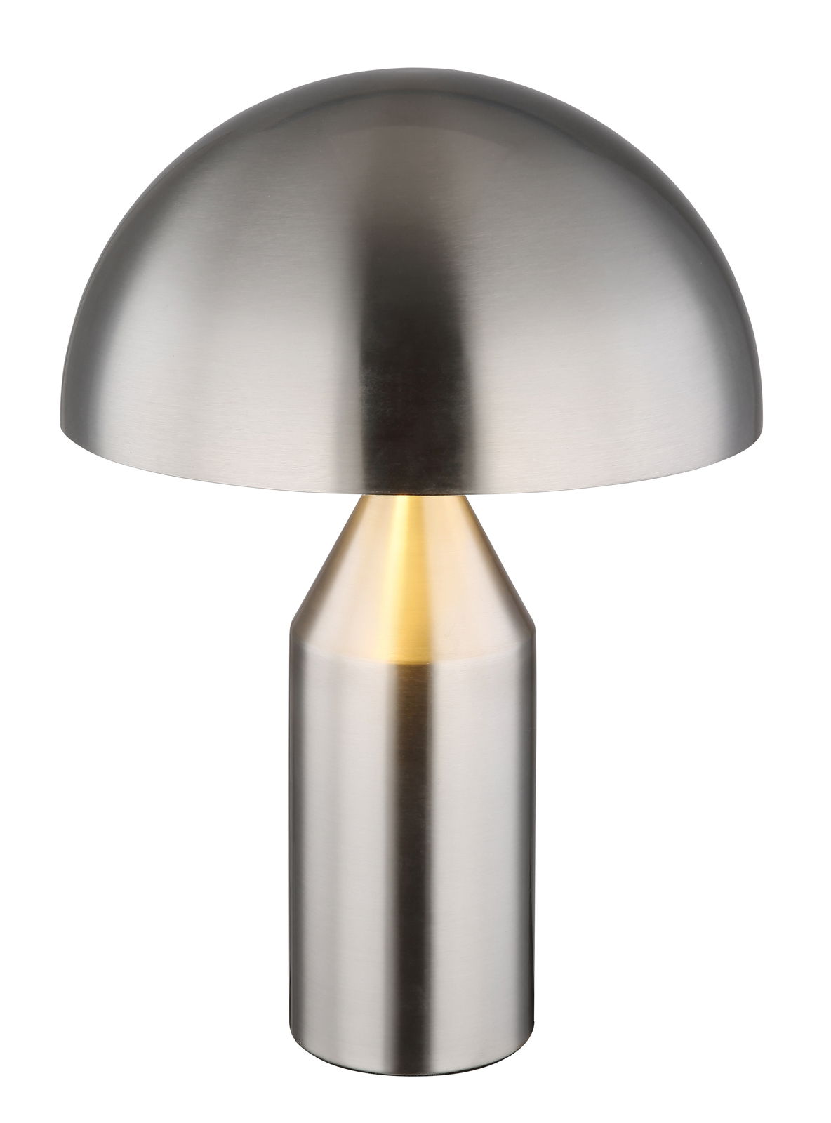 Moderne Tischleuchte ATOMA aus gebürstetem Metall in Pilzform, frontal abgebildet.