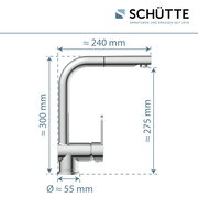 Seitliche Ansicht einer modernen Spültischarmatur mit den Maßen: Höhe ca. 300 mm, Ausladung ca. 240 mm, Durchmesser ca. 55 mm.