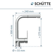 Seitliche Ansicht einer modernen Spültischarmatur mit den Maßen: Höhe ca. 300 mm, Ausladung ca. 240 mm, Durchmesser ca. 55 mm.