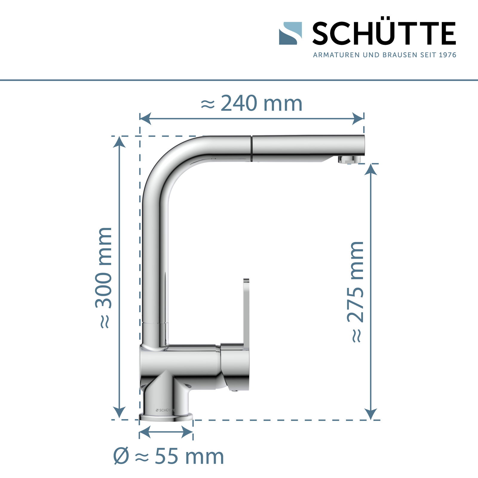 Seitliche Ansicht einer modernen Spültischarmatur mit den Maßen: Höhe ca. 300 mm, Ausladung ca. 240 mm, Durchmesser ca. 55 mm.
