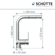 Seitliche Ansicht einer modernen Spültischarmatur mit den Maßen: Höhe ca. 300 mm, Ausladung ca. 240 mm, Durchmesser ca. 55 mm.