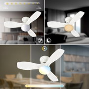Weißer Deckenventilator mit drei Flügeln und integrierter LED-Leuchte mit einstellbarer Helligkeit und Farbtemperatur, gezeigt aus Untersicht im Wohnraum