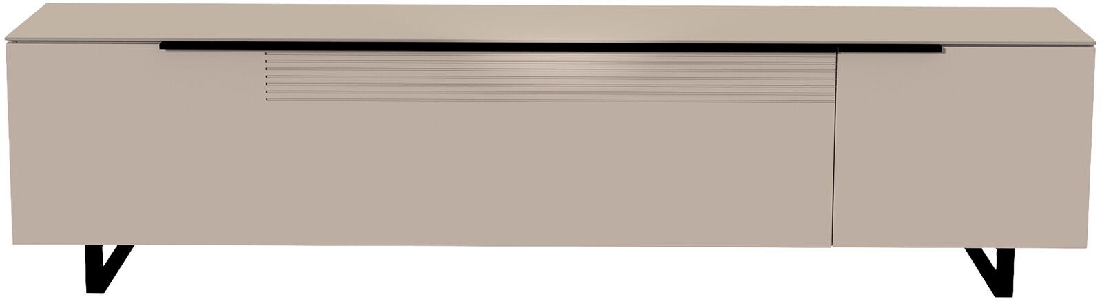 Frontansicht eines modernen, beigen XL TV-Lowboards mit schwarzen Beinen und minimalistischen Linien.