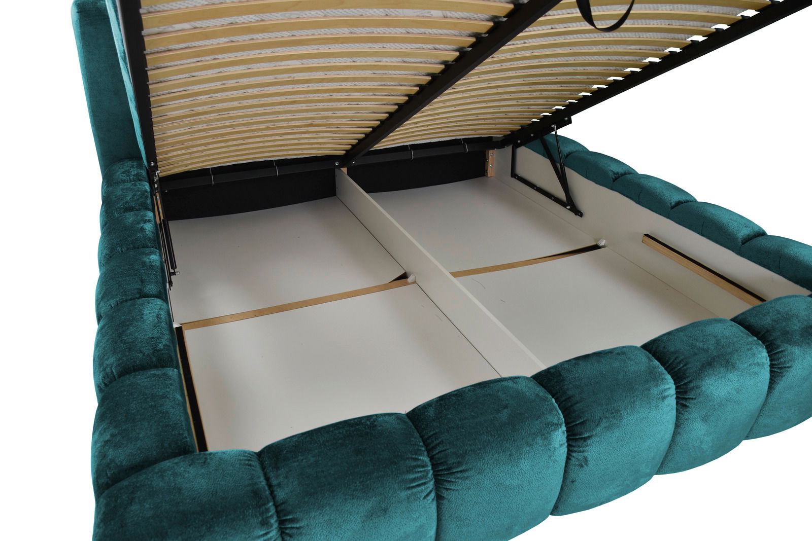 Polsterbett NOBO in grüner Farbe mit geöffnetem Lattenrost, das den Stauraum darunter zeigt. Perspektive von oben.