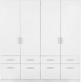 Weißer, vier-türiger Drehtürenschrank mit acht Schubladen, Frontalansicht