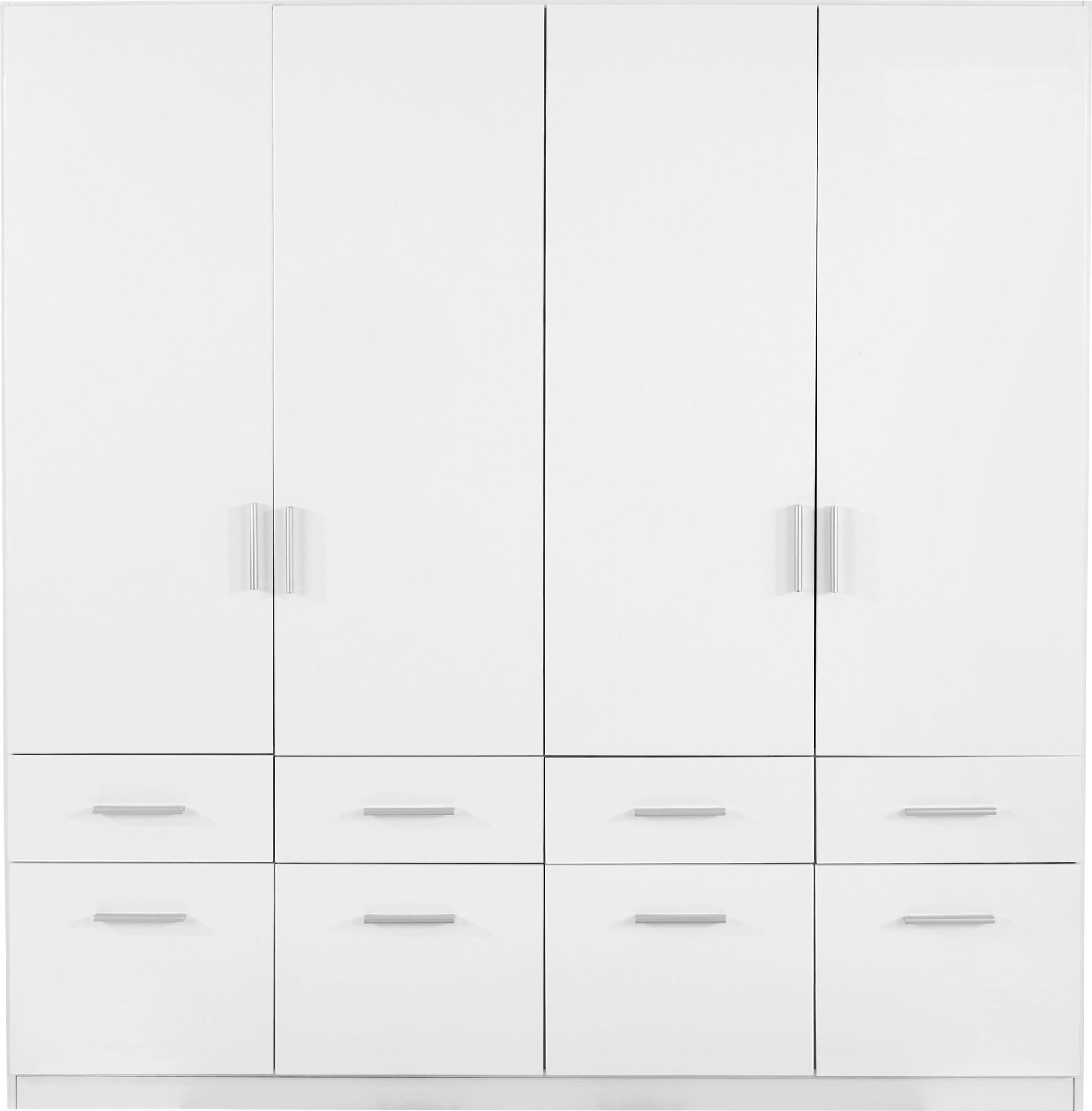 Weißer, vier-türiger Drehtürenschrank mit acht Schubladen, Frontalansicht