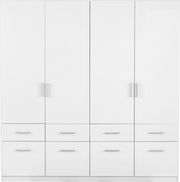 Weißer, vier-türiger Drehtürenschrank mit acht Schubladen, Frontalansicht