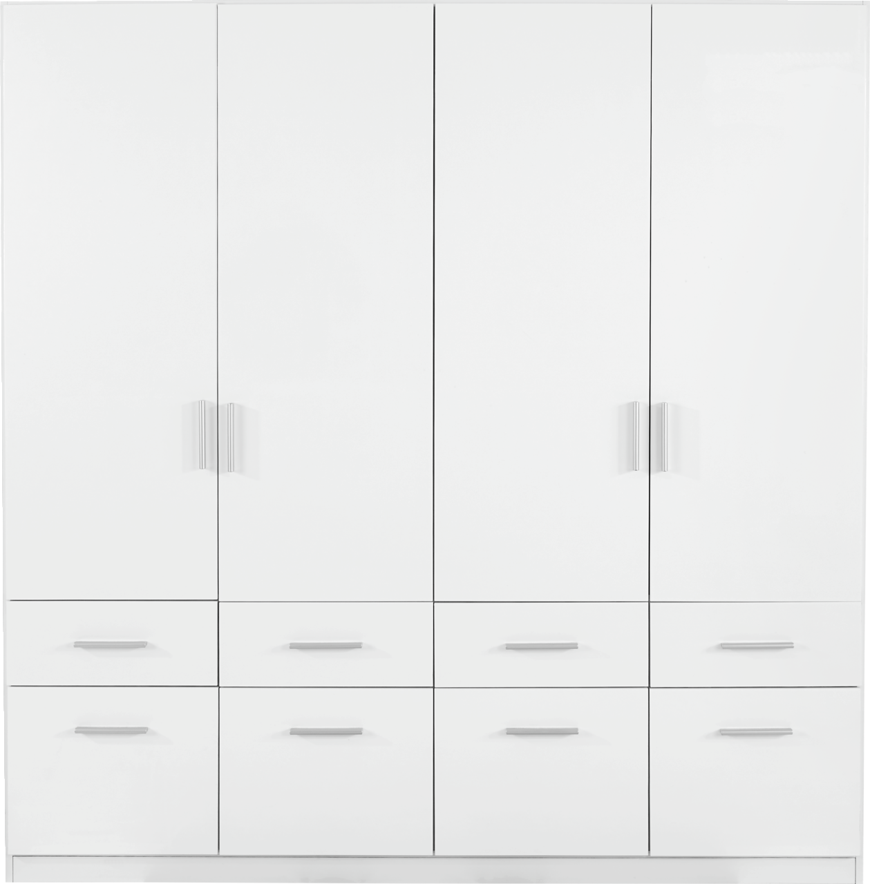 Weißer, vier-türiger Drehtürenschrank mit acht Schubladen, Frontalansicht