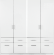 Weißer, vier-türiger Drehtürenschrank mit acht Schubladen, Frontalansicht