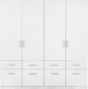 Weißer, vier-türiger Drehtürenschrank mit acht Schubladen, Frontalansicht