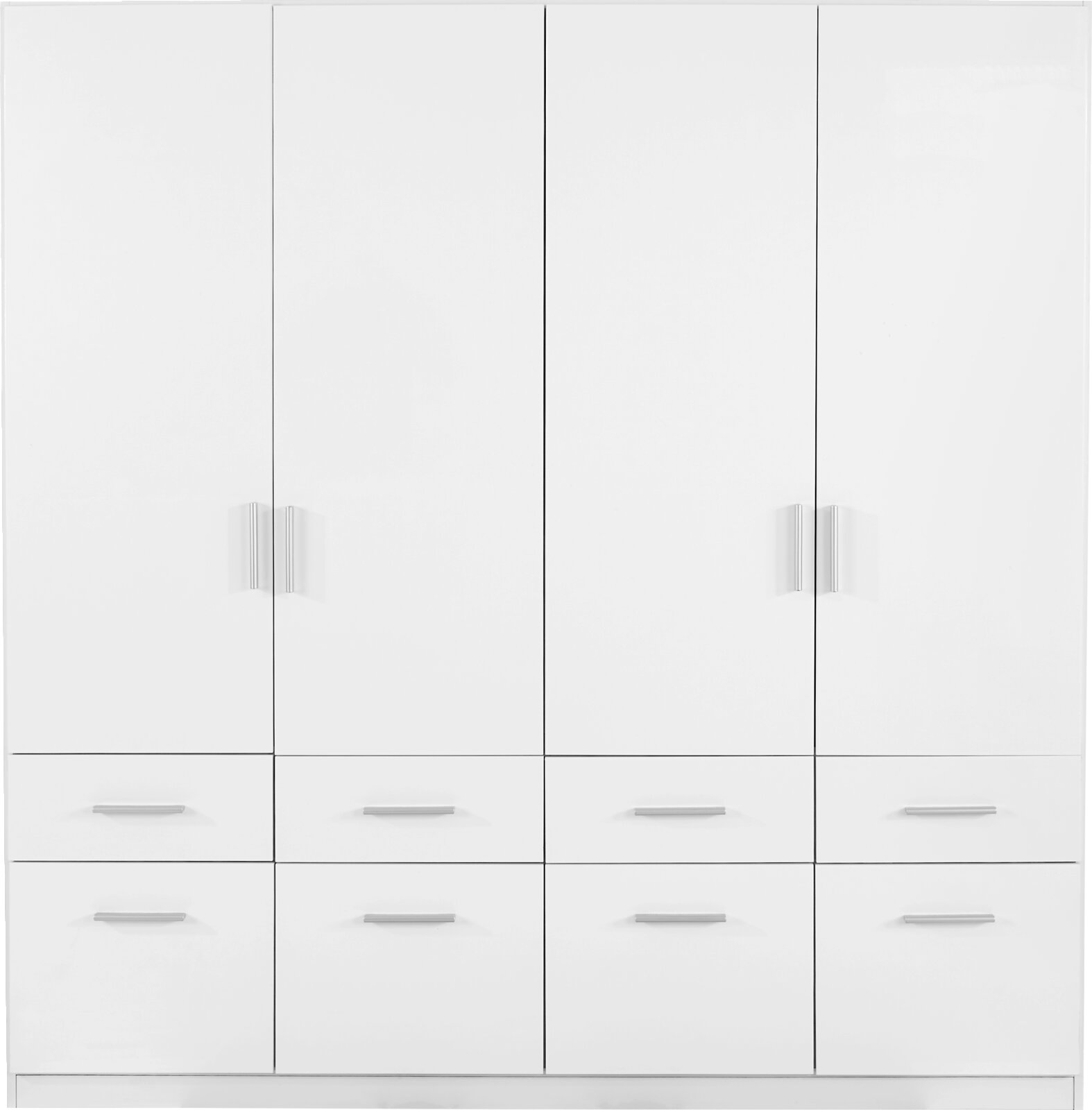 Weißer, vier-türiger Drehtürenschrank mit acht Schubladen, Frontalansicht
