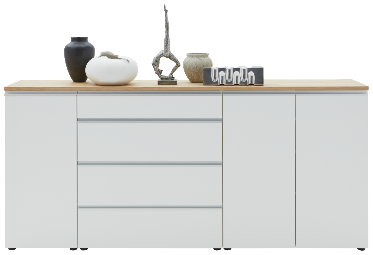 Frontansicht eines modernen XL-Sideboards mit weißer Oberfläche und Holzplatte, dekoriert mit verschiedenen Vasen und Skulpturen.