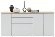 Frontansicht eines modernen XL-Sideboards mit weißer Oberfläche und Holzplatte, dekoriert mit verschiedenen Vasen und Skulpturen.