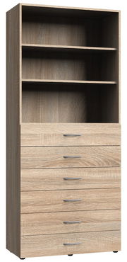 Mehrzweckschrank aus Holz mit zwei offenen Regalfächern und fünf Schubladen, frontale Ansicht