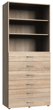 Mehrzweckschrank aus Holz mit zwei offenen Regalfächern und fünf Schubladen, frontale Ansicht