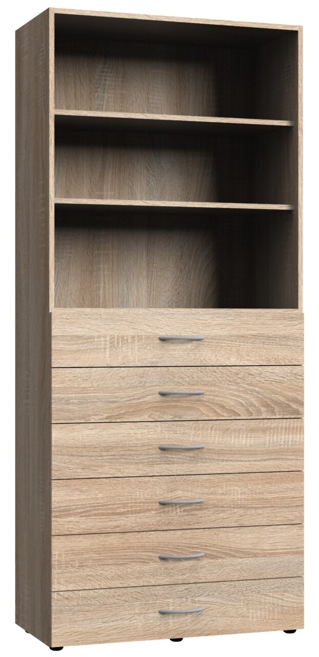 Mehrzweckschrank aus Holz mit zwei offenen Regalfächern und fünf Schubladen, frontale Ansicht