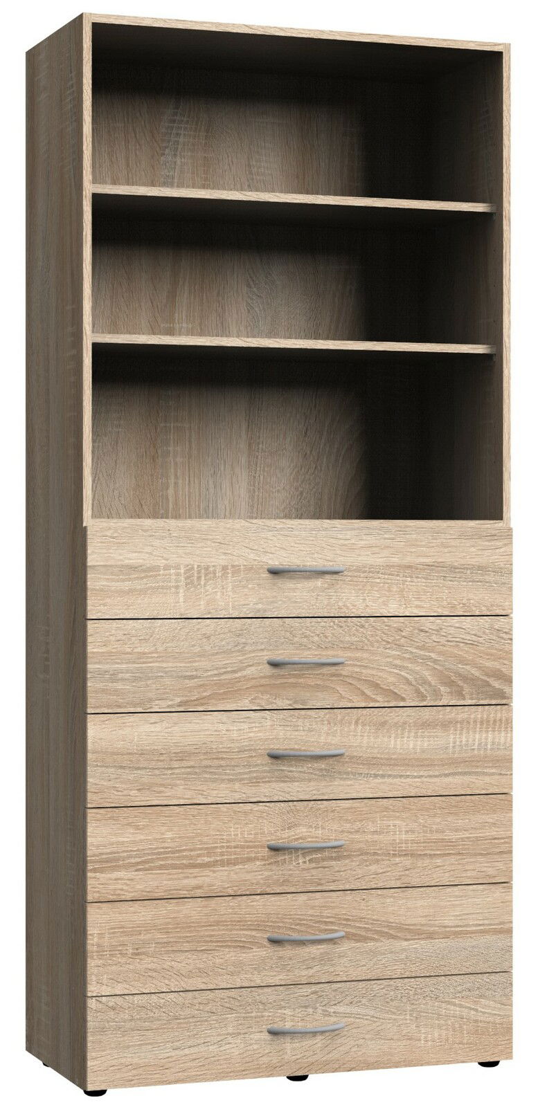 Mehrzweckschrank aus Holz mit zwei offenen Regalfächern und fünf Schubladen, frontale Ansicht