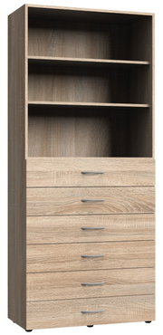 Multifunctionele houten kast met twee open legplanken en vijf lades, vooraanzicht