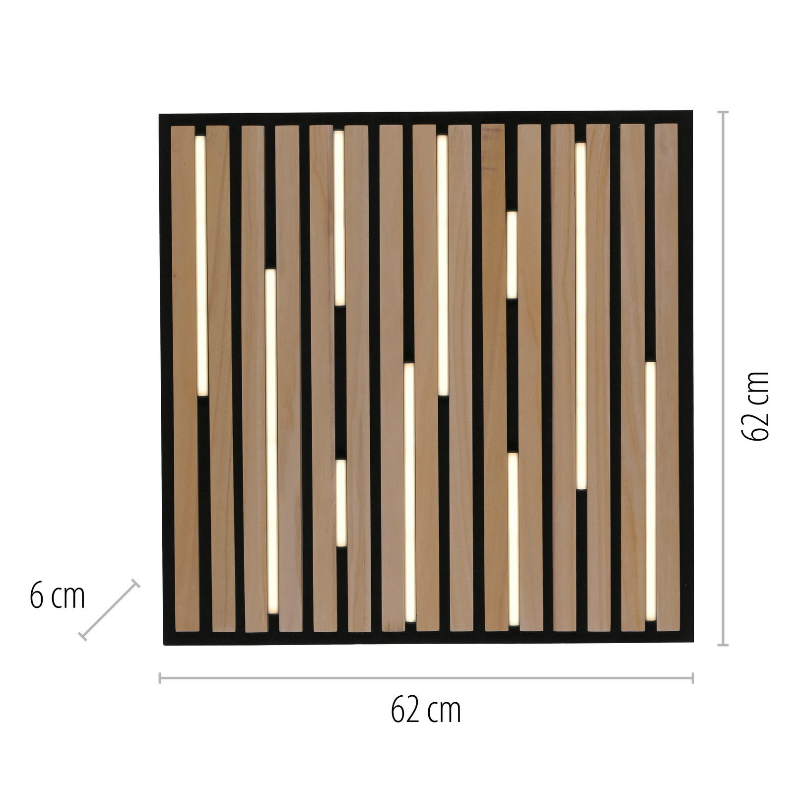 Wand- und Deckenleuchte Q-AKUS in quadratischer Form mit Holzlamellen und integrierter Beleuchtung, Frontalansicht