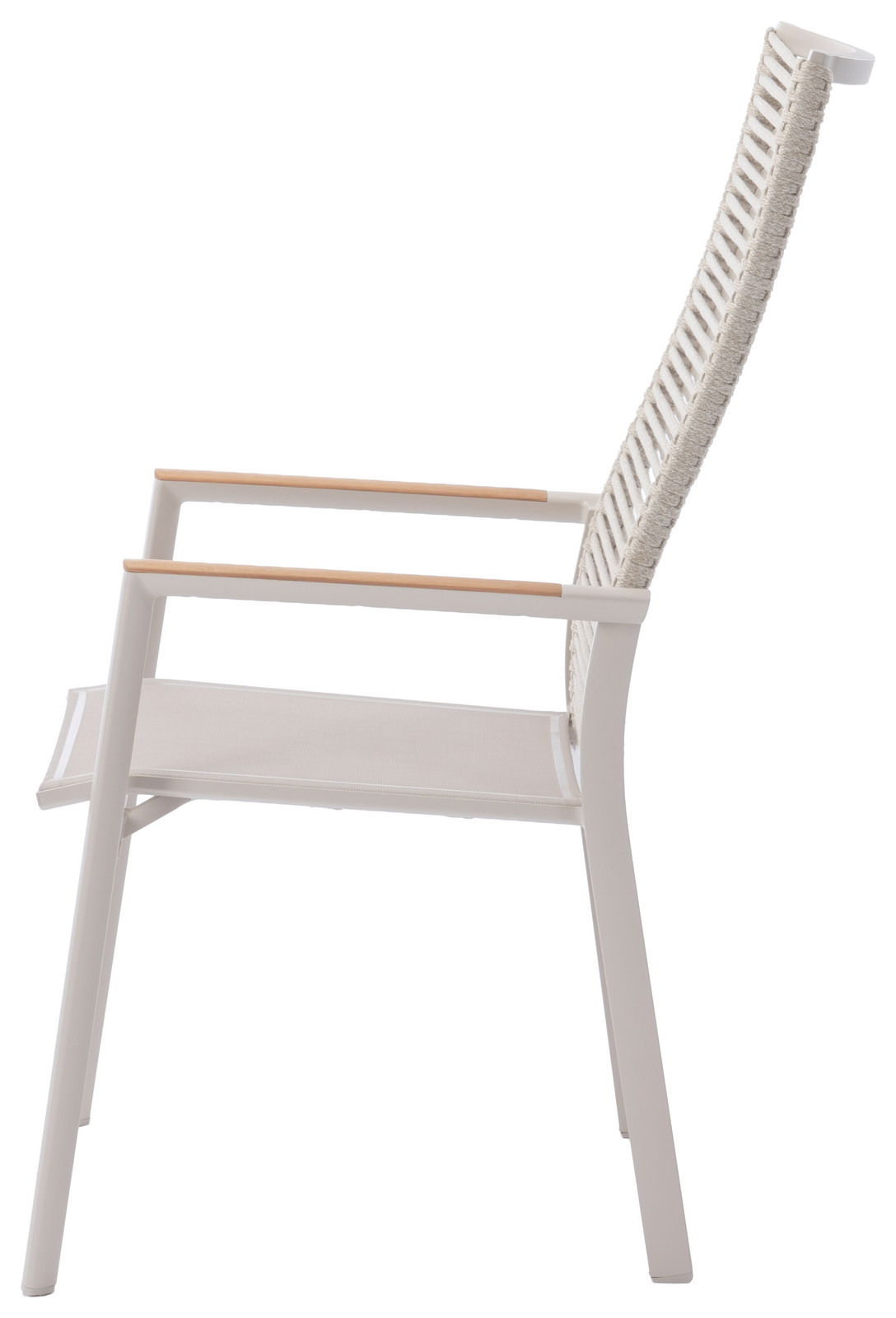 Seitenansicht eines hohen Stapelsessels mit weißem Rahmen und Holzarmlehnen.