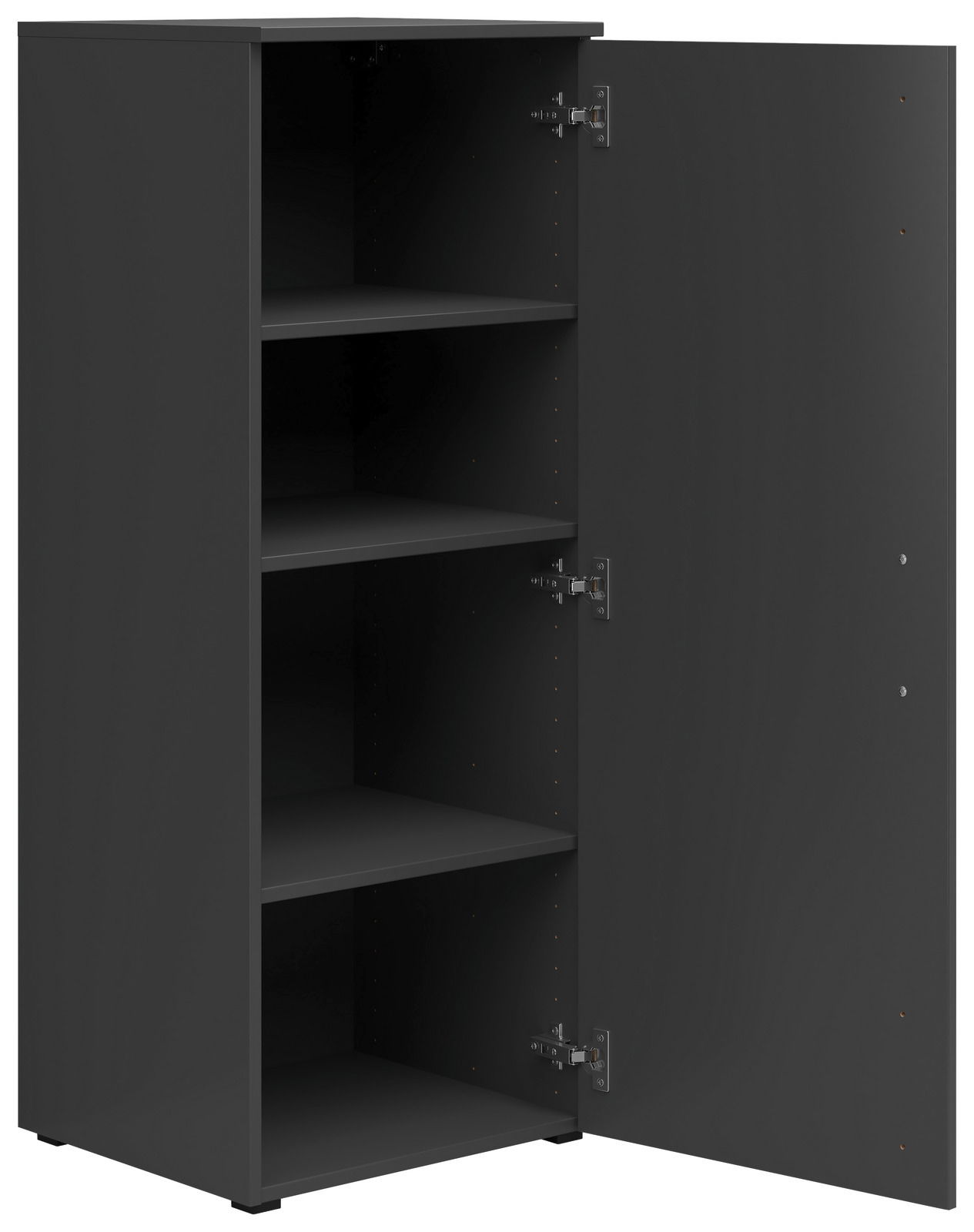 Schwarze Kommode mit geöffneter Tür und drei Einlegeböden, seitliche Perspektive