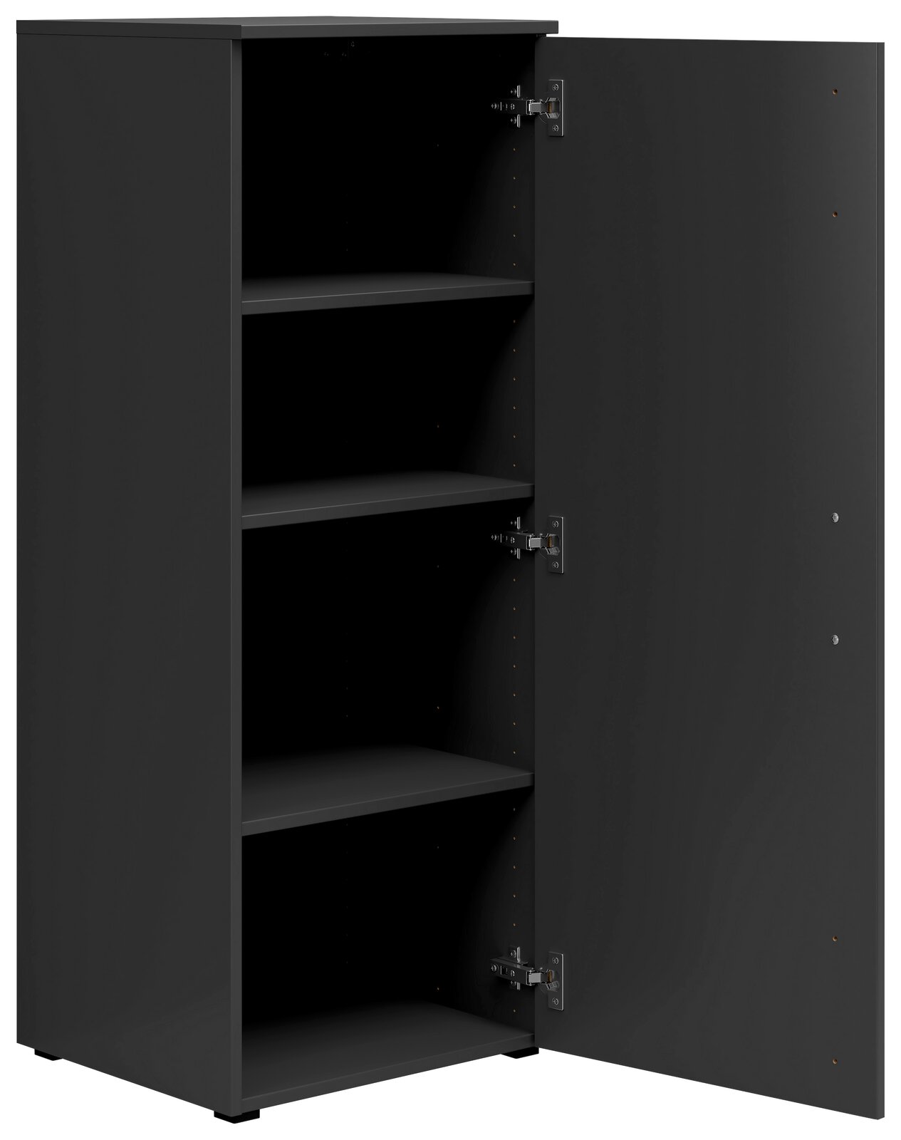 Schwarze Kommode mit geöffneter Tür und drei Einlegeböden, seitliche Perspektive